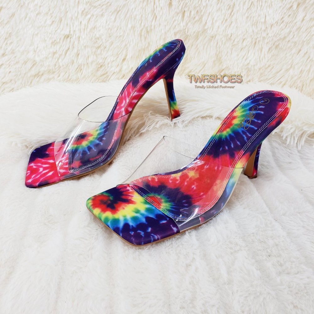 Mata Shoes Tie-Dye Multicolor Clear Strap Heeled Mules